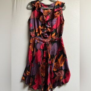 Runaway Pony 100% Silk Floral Ruffle Sleeveless Dress Tie Waist Size M
